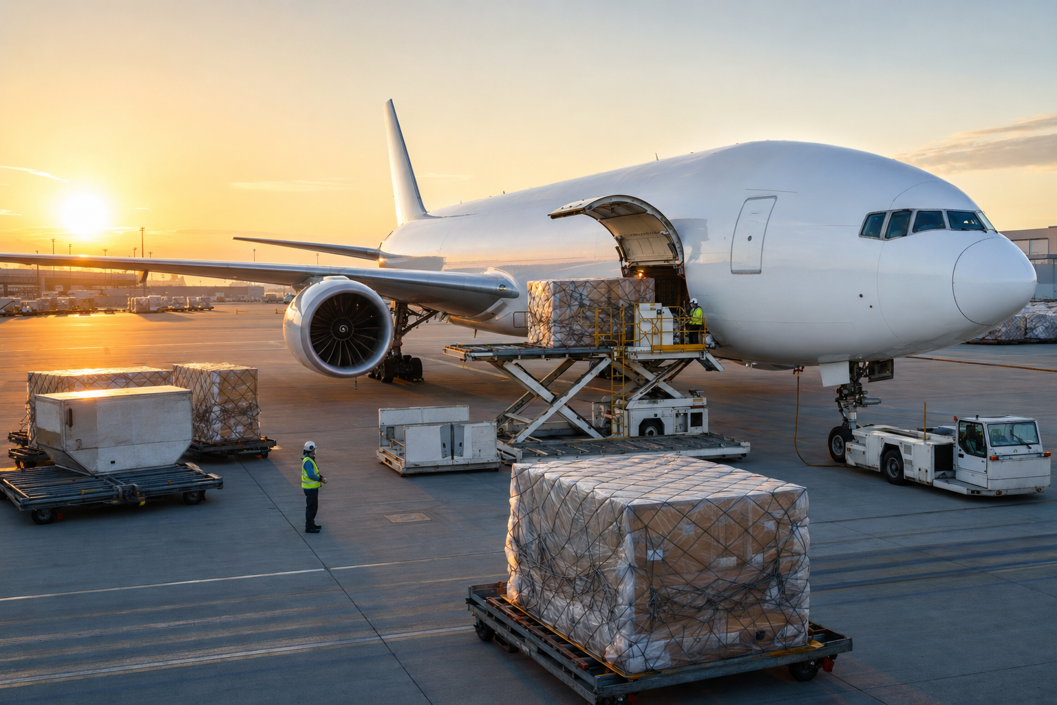 Air cargo aircraft being prepared for freight movement