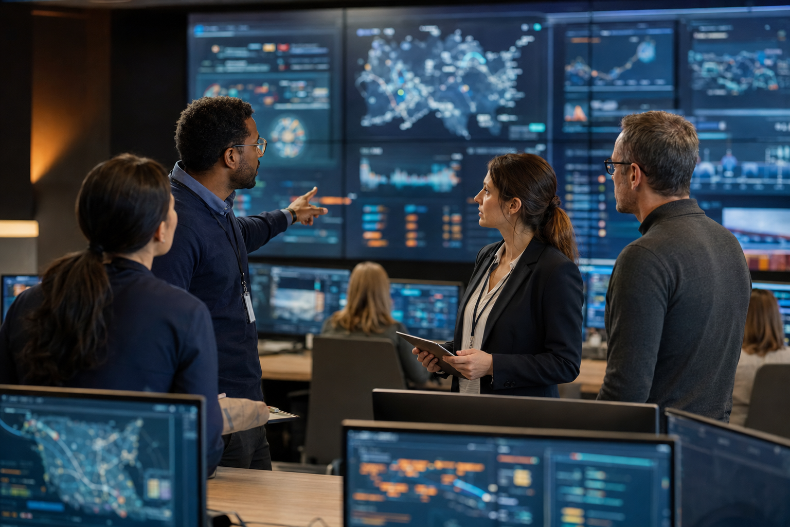 Logistics specialists using digital shipment systems