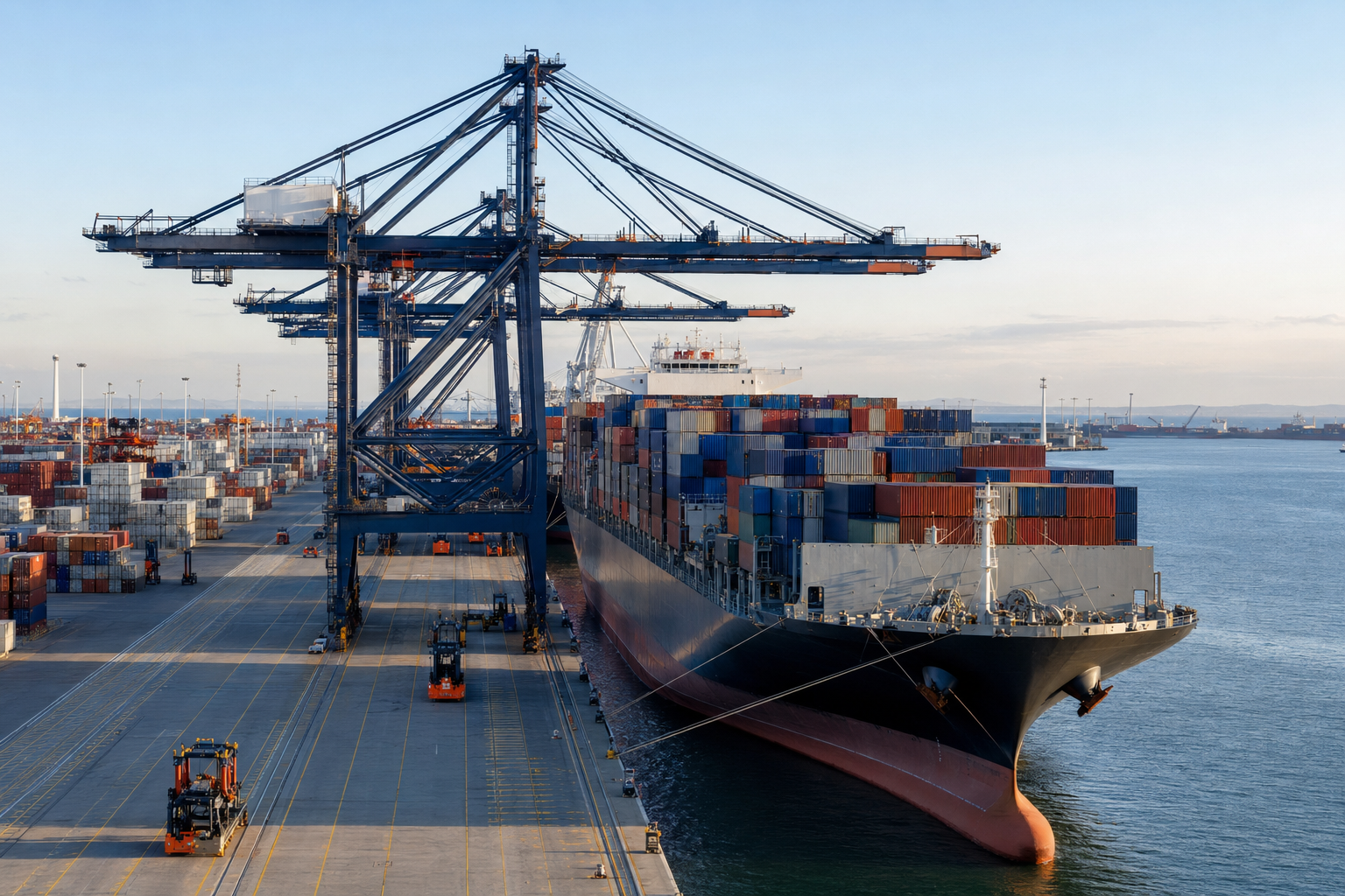 Container vessel operating at an international cargo port